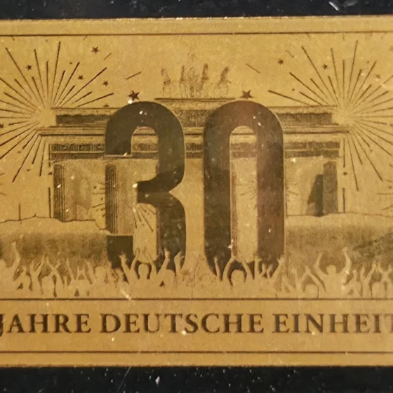 Grafik zum 30. Jubiläum der Deutschen Einheit mit Brandenburger Tor, Feuerwerk und jubelnder Menschenmenge.