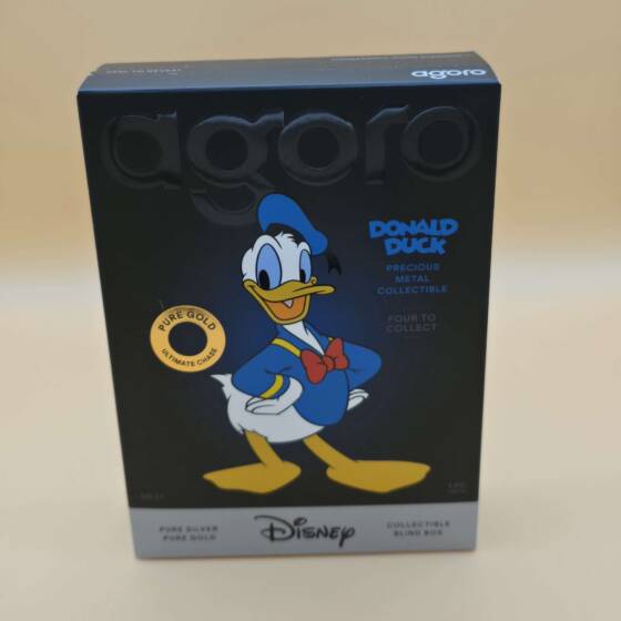 Disney Donald Duck Precious Metal Collectible Blind Box von Agoro mit vier möglichen Edelmetall‑Varianten.