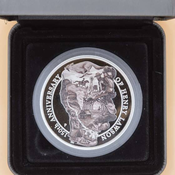 5‑oz‑Silber‑Proof‑Münze „Henry Lawson 150th Anniversary“ in Perth‑Mint‑Box mit Zertifikat.