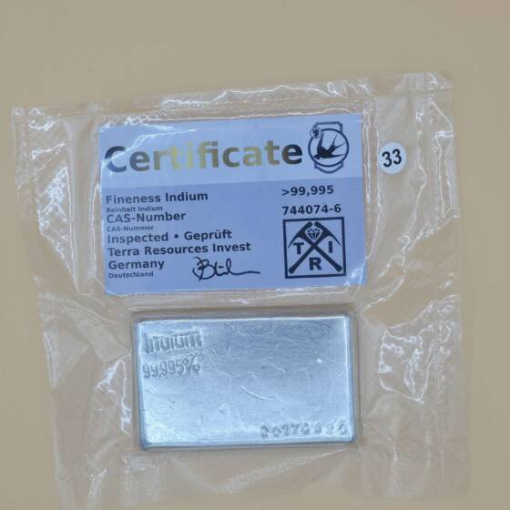 Indium Barren 99,995 % in versiegelter Verpackung mit Zertifikat Terra Resources Invest