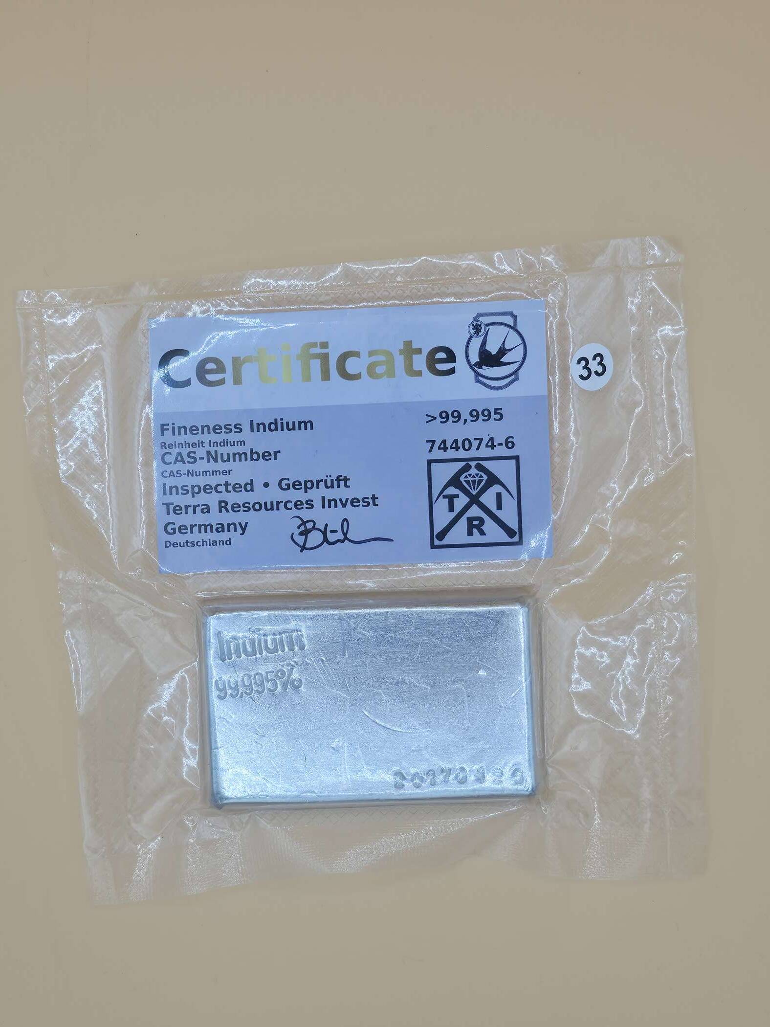 Indium Barren 99,995 % in versiegelter Verpackung mit Zertifikat Terra Resources Invest