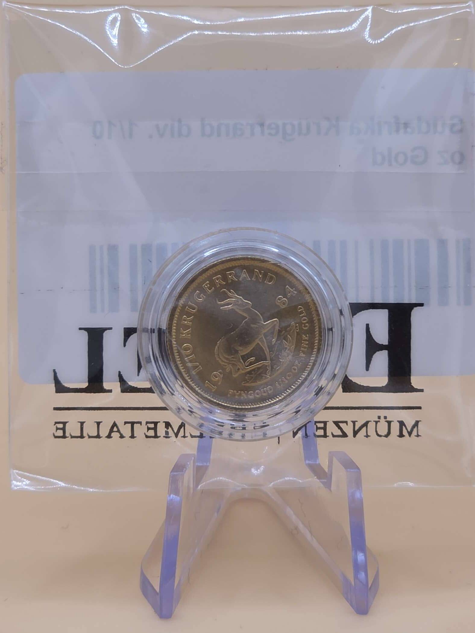 „Krugerrand Goldmünze 1/10 oz 1984 mit Springbock‑Motiv in Schutzhülle“