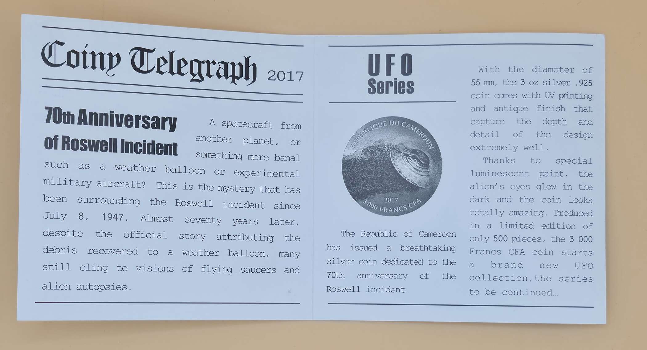 Roswell 70th Anniversary – 3 oz Silbermünze | Republik Kamerun 2017 | UFO Series – Bild 6