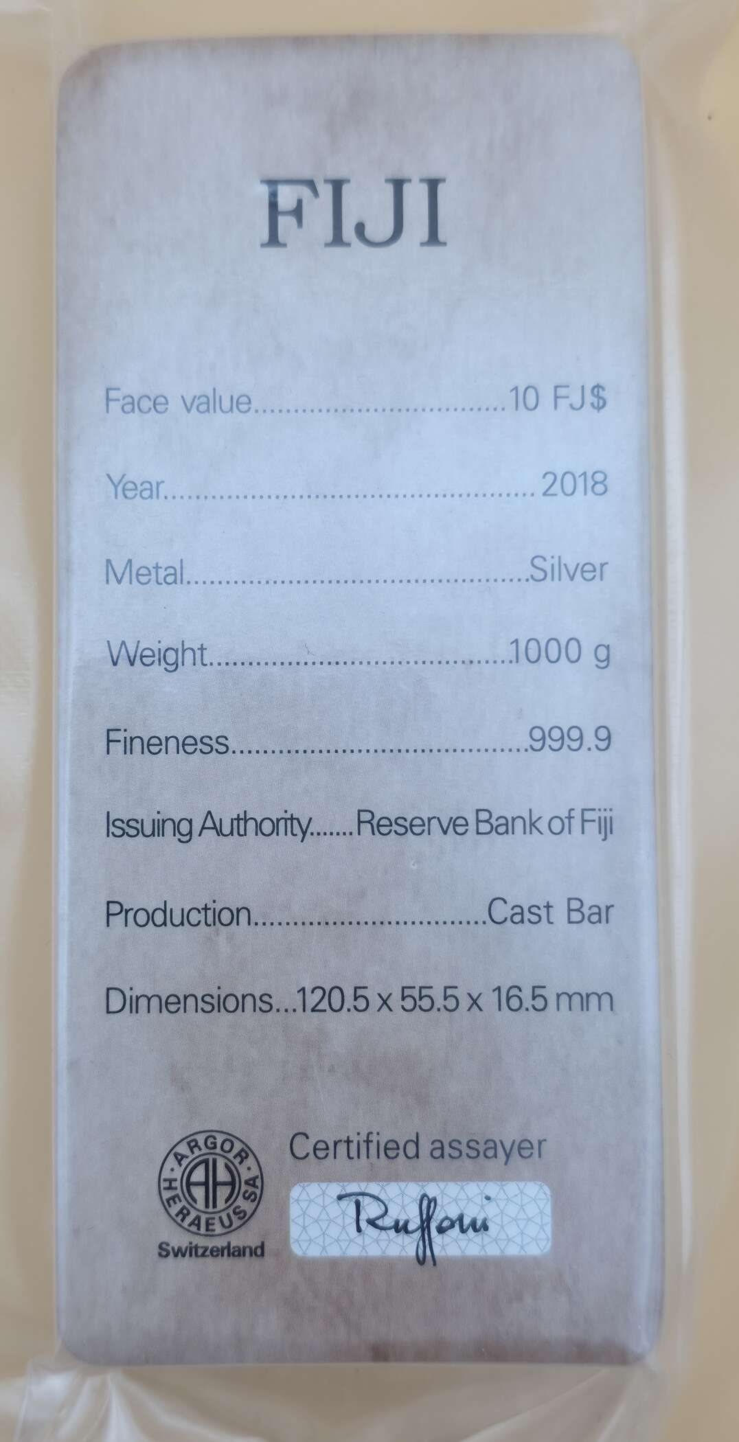 Fiji 2018 – 1 kg Silver Cast Bar – Argor-Heraeus – 999.9 Feinsilber – Bild 2