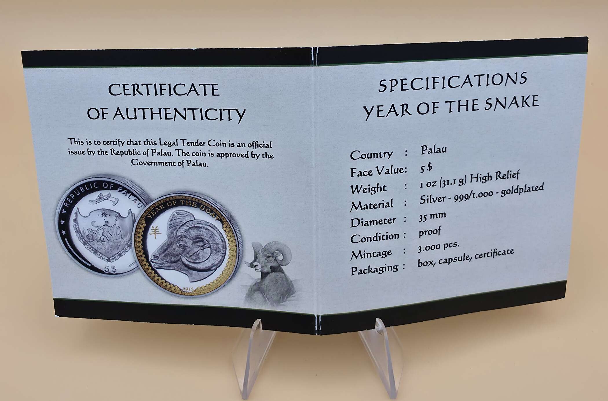 Year of the Goat – 2015 – Palau – 1 oz Silber – High Relief – Goldplated – Bild 3
