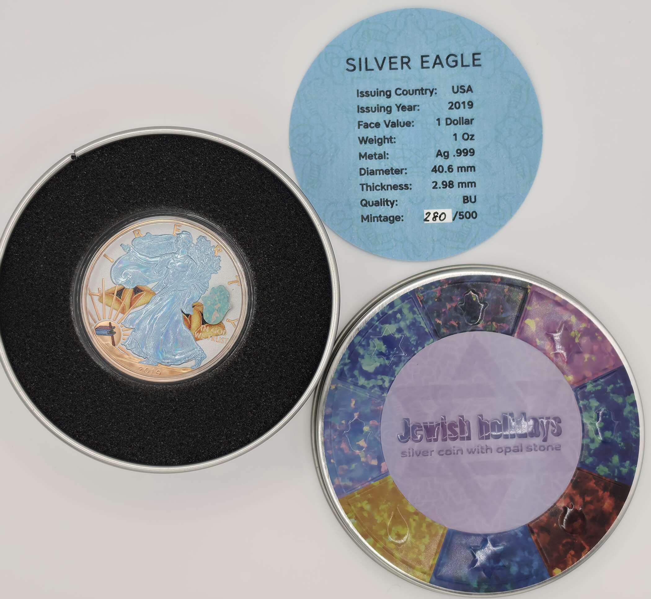 American Silver Eagle 2019 – Jewish Holidays Edition mit Opal-Inlay – Nr. 280/500 – Bild 4
