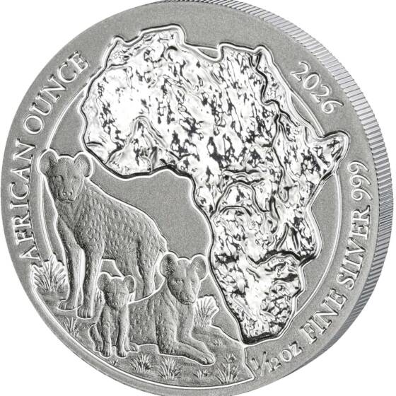 African Ounce 2026 Hyäne 1/12 oz Ruanda Münze mit Afrika-Silhouette
