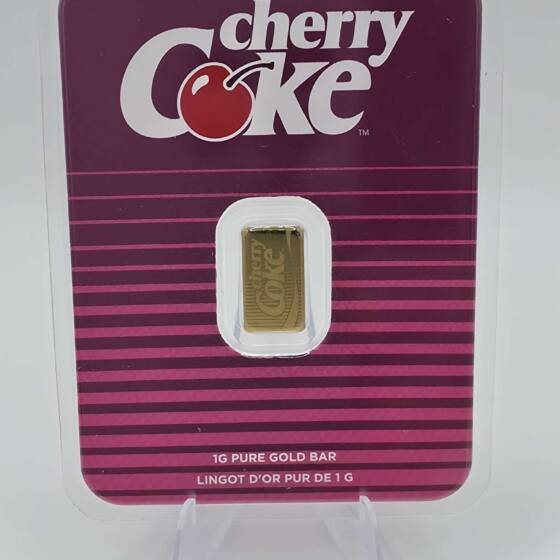 Cherry Coke 1 g Goldbarren 40th Anniversary Limited Edition im Retro Design mit Seriennummer
