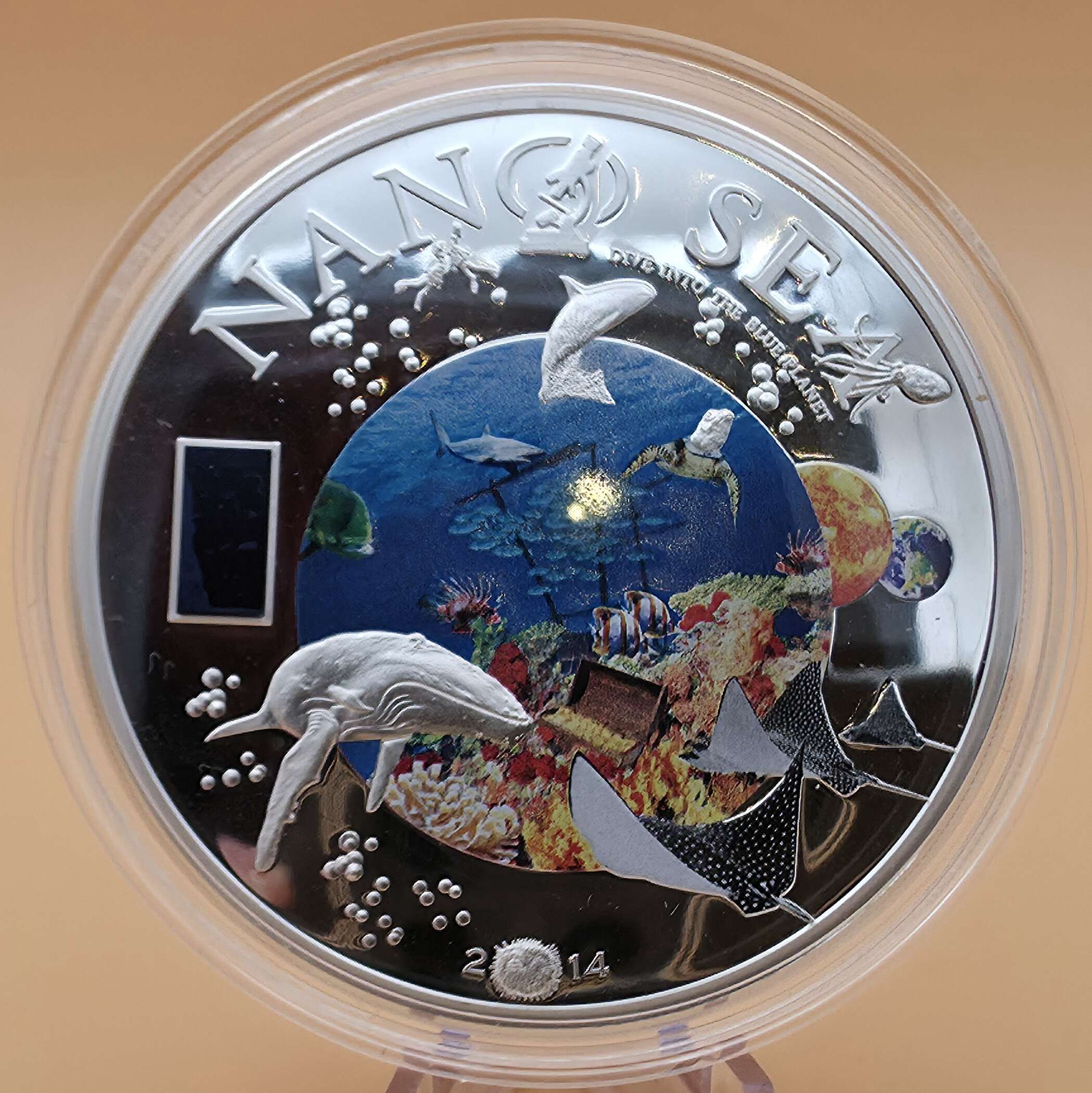 "Cook Islands 2014 Nano Sea 50 g Silber Proof Münze mit farbiger Unterwasser‑Szene und Nano‑Chip"