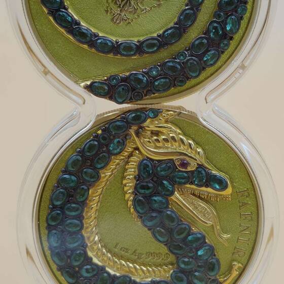 Germania Mint Fafnir Geminus 2020 Set – 2× 1 oz 999 Silber + 1× 1 oz 925 Silber mit Kristallsteinen und COA 028