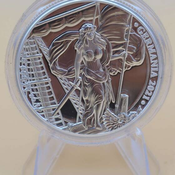 Germania 2021 Silbermünze, 1 oz .9999 Proof, 5 Mark, mit Zertifikat 0828/1000 und Originalverpackung.