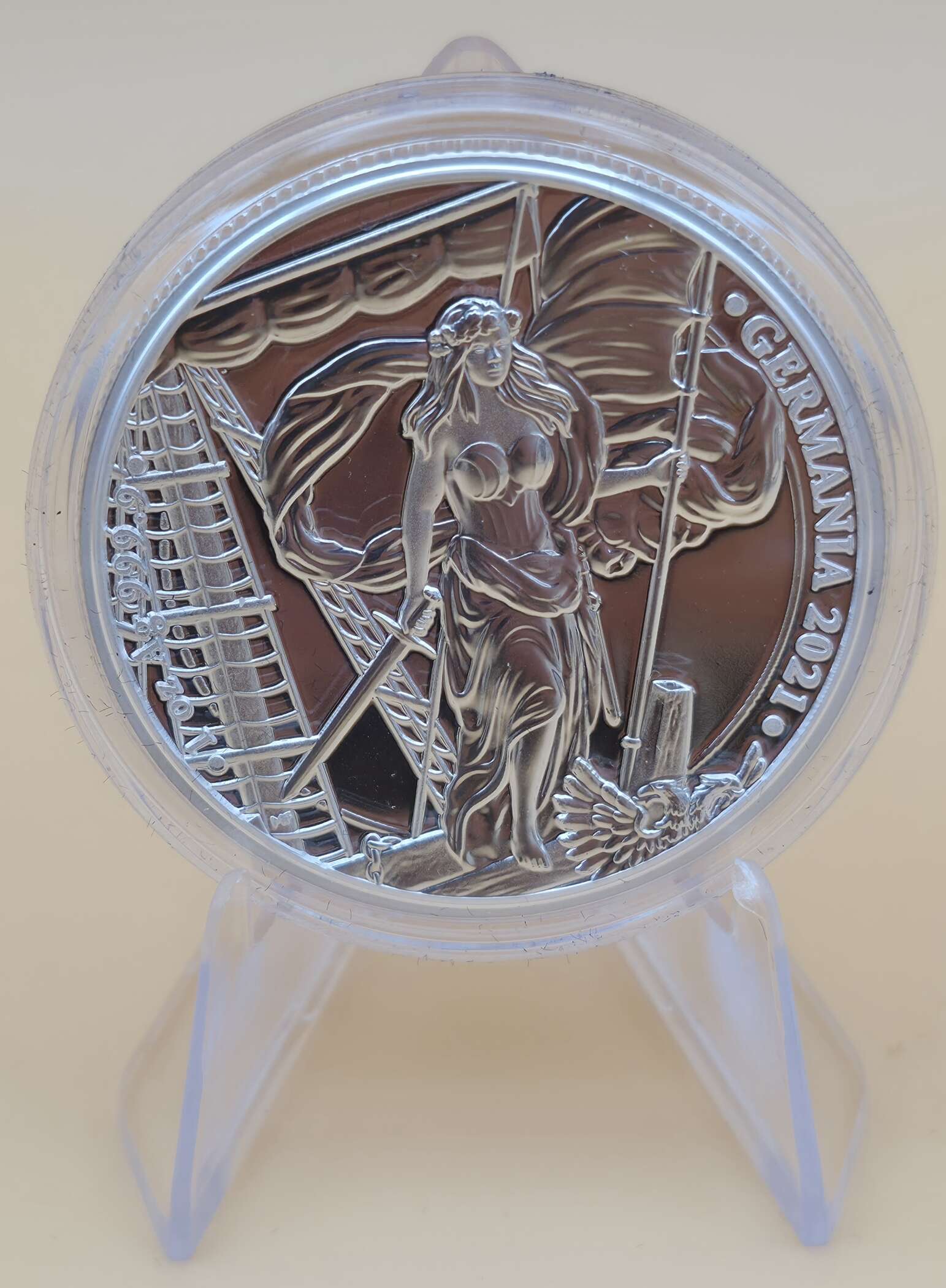 Germania 2021 Silbermünze, 1 oz .9999 Proof, 5 Mark, mit Zertifikat 0828/1000 und Originalverpackung.
