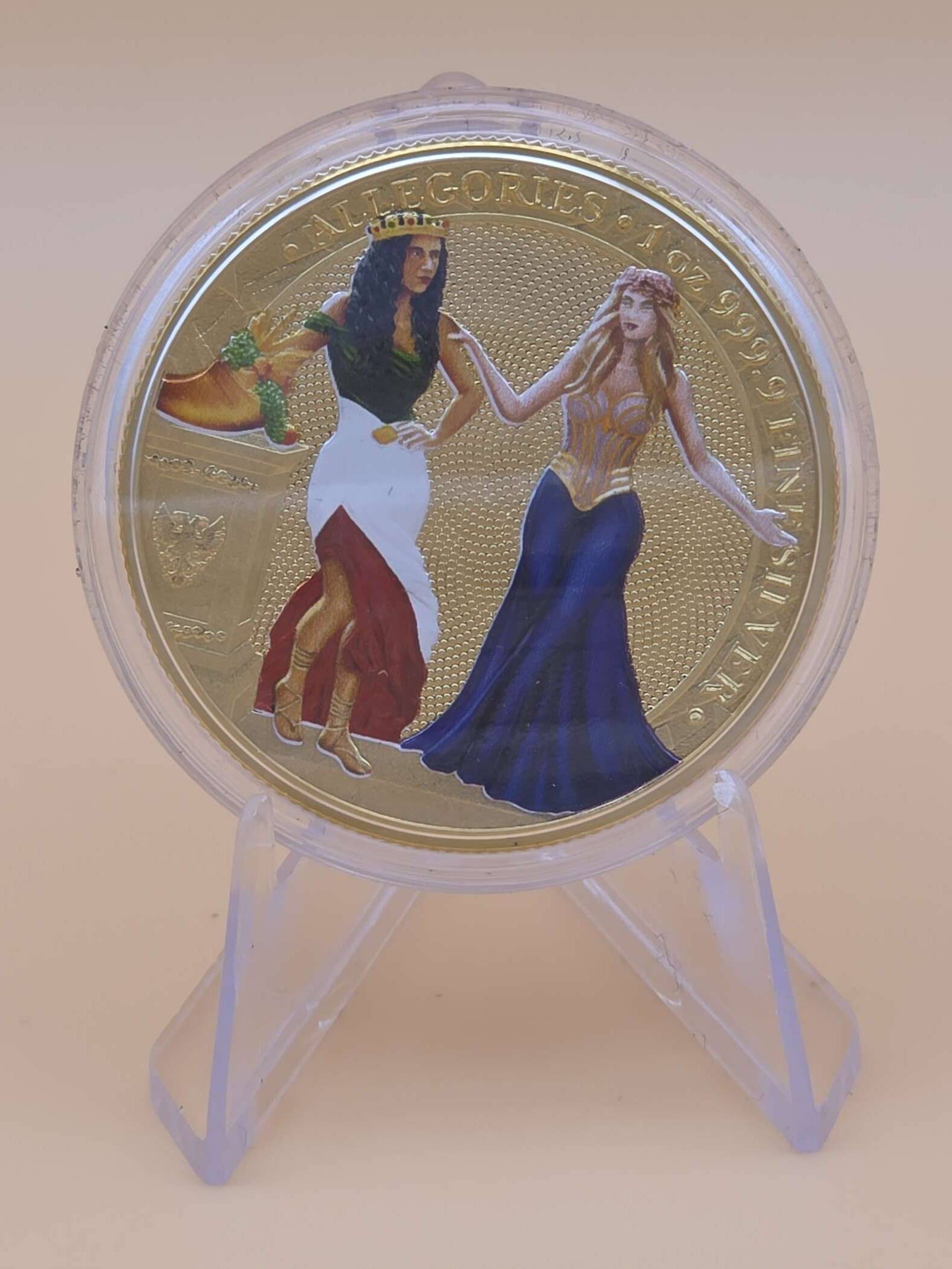 1 oz Silbermünze „The Allegories – Italia & Germania“ 2020 mit Color‑Holo‑Finish in Holzbox mit Zertifikat.
