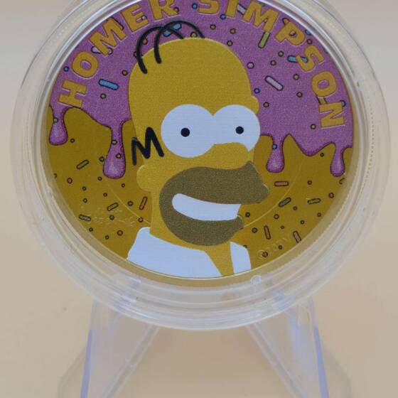 „Homer Simpson 1 oz Silbermünze 2022 im Donut‑Design“