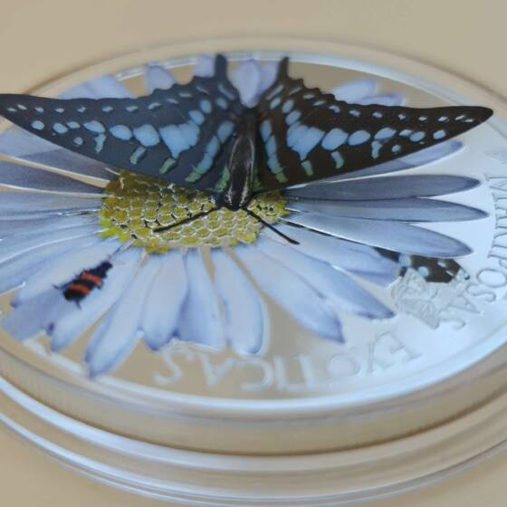 1 oz Silbermünze „Mariposas Exóticas – Graphium Policenses“ 2015 mit farbigem 3D‑Schmetterling in Holzbox mit Zertifikat.