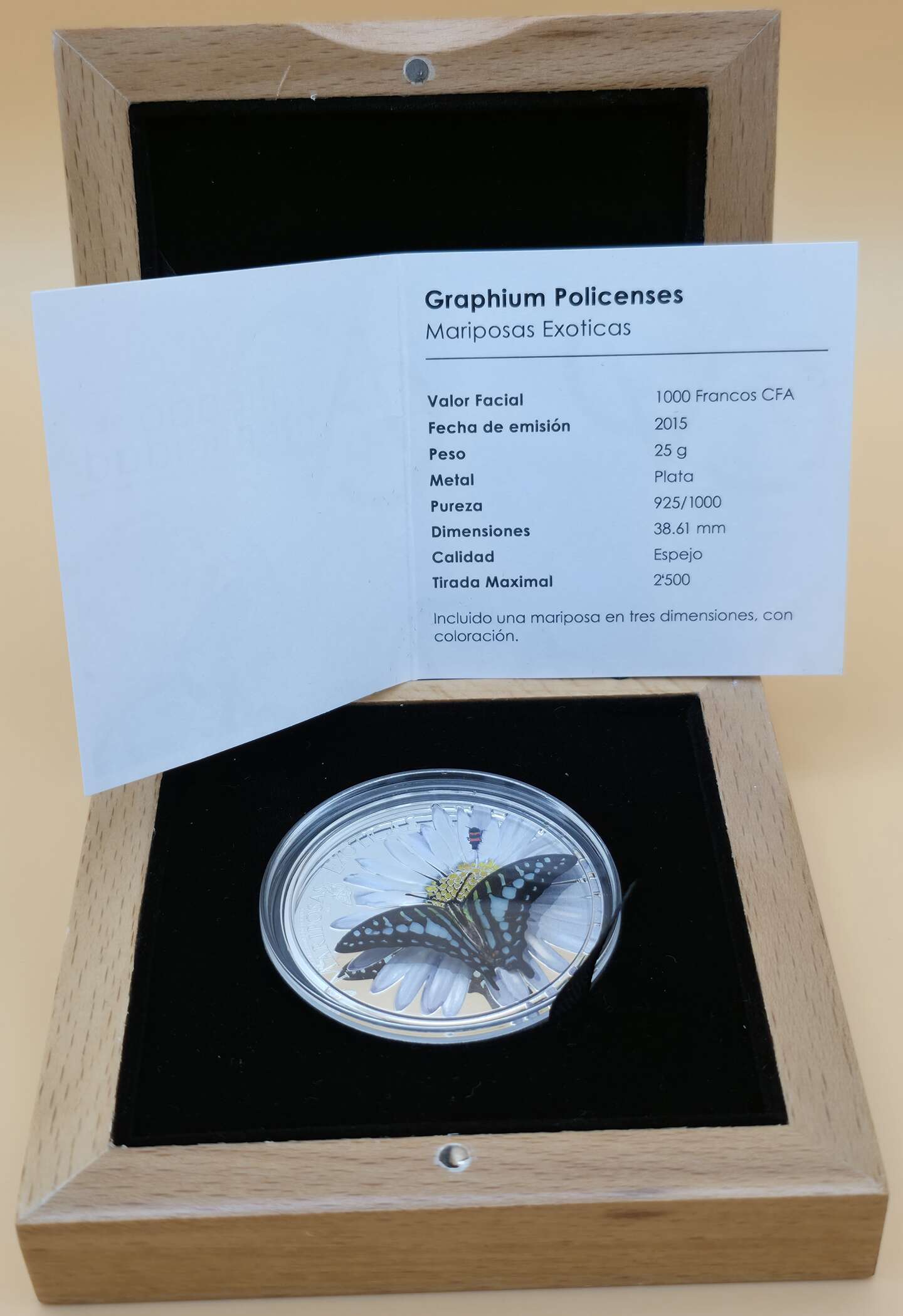 Mariposas Exóticas – Graphium Policenses – 1 oz Silber 2015 – Guinea Ecuatorial – Color & 3D – Mintage 2.500 – Bild 5