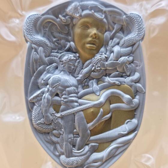 Perseus 2023 Medusa Shield – 3 oz Ag 999 High Relief Silbermünze, nummeriert 068/333, mit OVP.