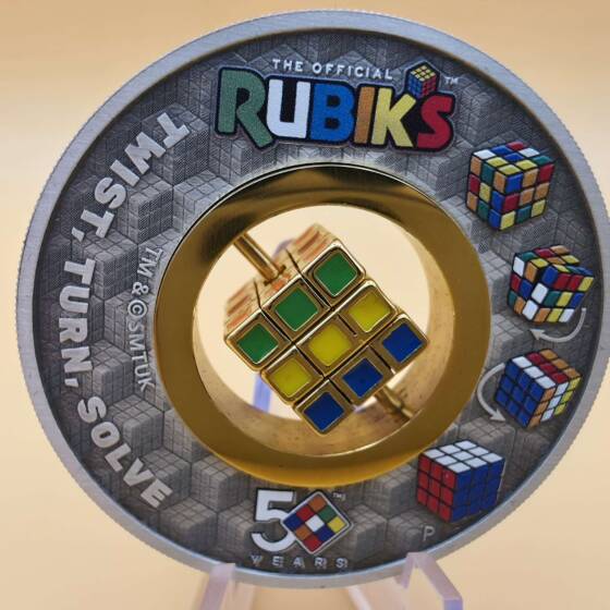 - „Perth Mint Rubik’s 2 oz Antiqued Silver Coin mit Mini-Würfel“