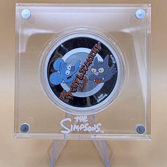 1 oz Silbermünze 2021 The Simpsons Itchy & Scratchy, Proof Colour, Perth Mint, Zertifikat 0333, Acryl‑Displaybox.
