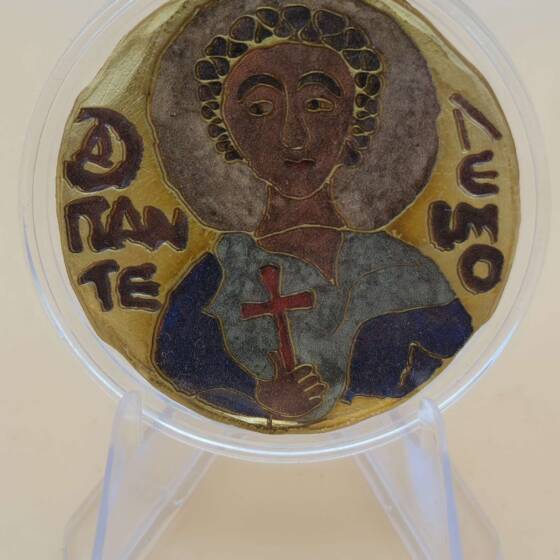 Vergoldete 1‑oz‑Silbermünze „St. Panteleimon“ von 2014 aus Niue mit byzantinischem Motiv, Zertifikat und Originalverpackung.