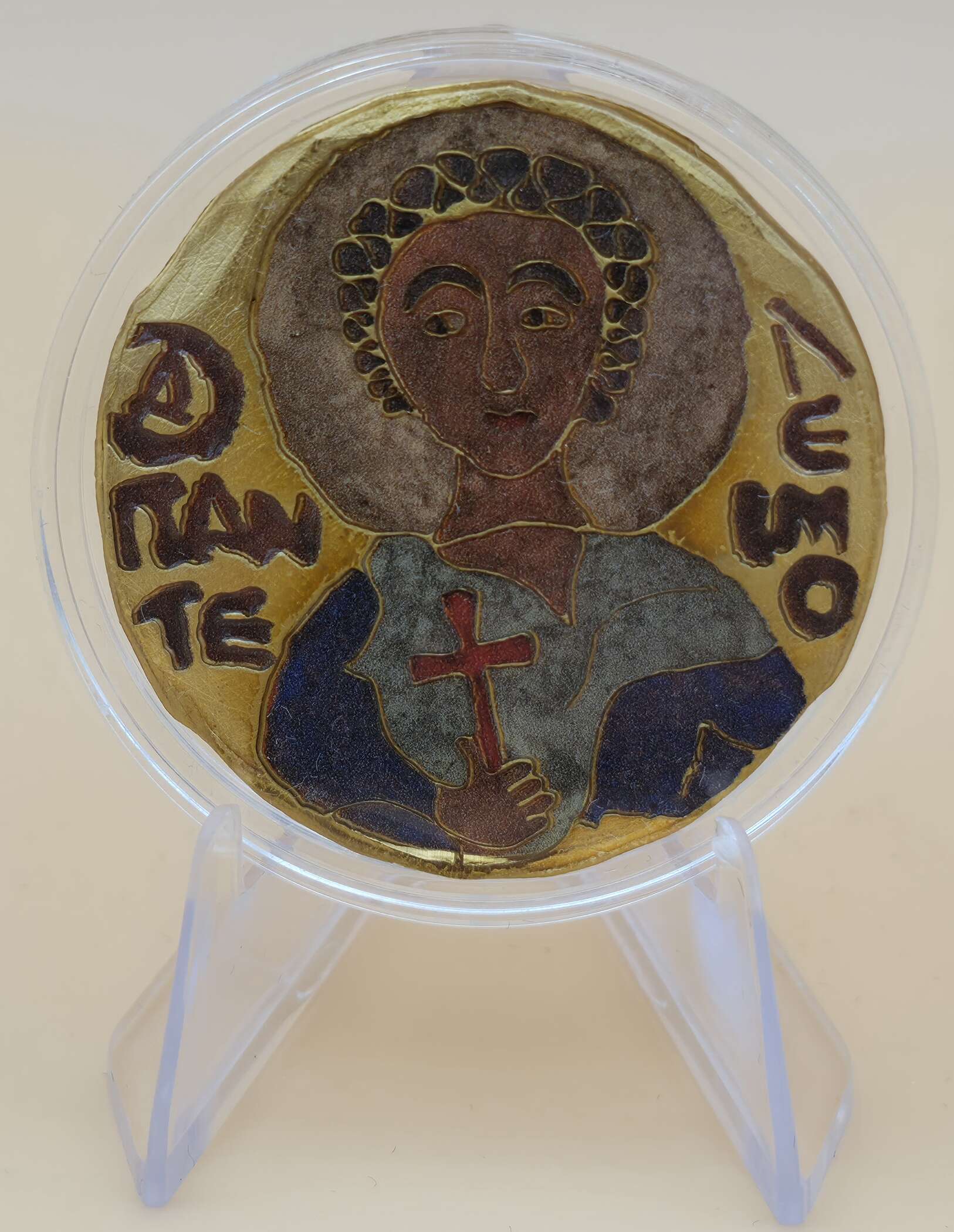 Vergoldete 1‑oz‑Silbermünze „St. Panteleimon“ von 2014 aus Niue mit byzantinischem Motiv, Zertifikat und Originalverpackung.