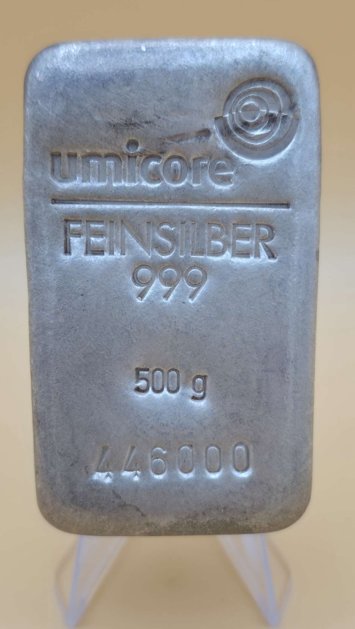 - „Umicore 500 g Silberbarren 999 Feinsilber mit Seriennummer“